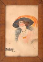 Gyurka jelzéssel: Kalapos hölgy. Ceruza, akvarell, papír. Üvegezett fakeretben, 24×16 cm