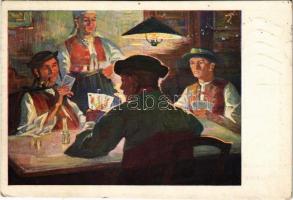 1932 Gyetva, Detva; Slováci z Detvy. V krcme. Slovenské typy Serie IX. / Szlovák folklór művészlap, kártyázás a kocsmában / Slovak folklore art postcard, playing cards at the pub s: Jar. Augusty (EK)