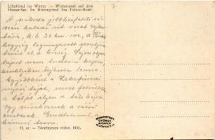 Lillafüred, téli sportélet a befagyott Hámori tavon, háttérben a Palota szálló, síelőket húzó motork...