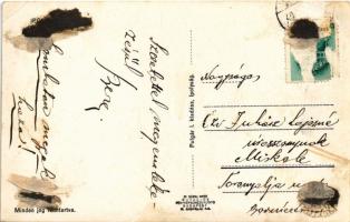 1940 Ipolyság, Sahy; M. kir. posta, motorbicikli, Kneipp reklámposzterek a falon. Polgár I. kiadása ...