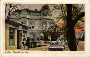 1941 Eszék, Essegg, Osijek; Alexandrova ulica, Tramvajska stanica / street, tram station, kiosk shop / utca és villamos megálló, trafik