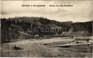 Kárpátalja, Üdvözlet a Kárpátokból! fahíd, fatelep / Gruss von den Karpaten / Zakarpattia Oblast / Transcarpathian wooden bridge, lumber yard
