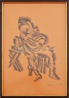 Molnár C. Pál jelzéssel: Ülő alak. Kréta, papír. Üvegezett fakeretben, 43×30 cm /
