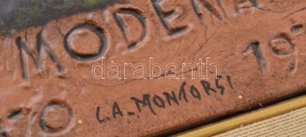 Olasz mázas kerámia falikép. Jelzett (L. A. Montorsi?). Sérült. Fakeretben, 20×15 cm