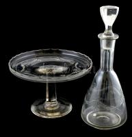 Likőrös palack és tortakínáló, fújt üveg, csiszolt, jelzés nélkül, 1910-20 körül, kopott, m:15-32cm