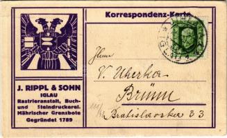 1928 J. Rippl & Sohn Iglau (Jihlava) Rastrieranstalt, Buch- und Steindruckerei. Mährischer Grenzbote. Gegründet 1789 / Czech printing works advertisement card (kis szakadás / small tear)