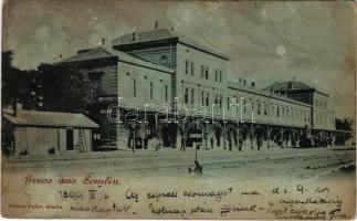 1899 (Vorläufer) Zimony, Semlin, Zemun; vasútállomás este. Johann Pulyo kiadása / railway station at night (ázott / wet damage)
