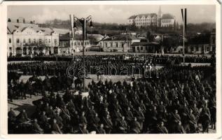 1938 Léva, Levice; bevonulás, tábori mise a Kossuth téren, Országzászló. Foto Atelier Hajdu / entry of the Hungarian troops, field mass, Hungarian flag + "1938 Léva visszatért" So. Stpl. (EM)