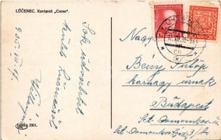 1935 Losonc, Lucenec; Kavarien Corso / Corso kávéház, Schultek órás és ékszerész, repülőgép az utca ...