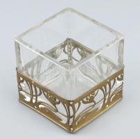 Szecessziós réz tároló edény, kissé csorba üvegbetéttel 8x8 cm