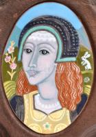 Stefániay Edit: Női fej, Zománc, réz lemez. Bőr keretben. 10x15 cm