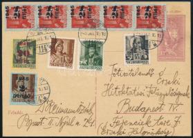 1945 (3. díjszabás) Budapest helyi díjjegyes levelezőlap 10 bélyeges kiegészítéssel, ebből 3 db infláció előtti / Local PS-card with 10 stamps franking