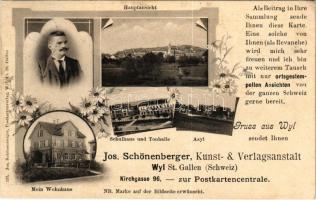 1904 Wil, Wyl (St. Gallen); Jos. Schönberger Kunst & Verlagsanstalt, mein Wohnhaus, Schulhaus und Tonhalle, Asyl. Gruss aus / postcard publishers house and advertisement, school, music hall, asylum. Art Nouveau, floral (EK)