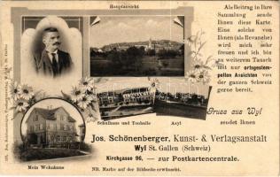 1904 Wil, Wyl (St. Gallen); Jos. Schönberger Kunst & Verlagsanstalt, mein Wohnhaus, Schulhaus und Tonhalle, Asyl. Gruss aus / postcard publisher's house and advertisement, school, music hall, asylum. Art Nouveau, floral (EK)