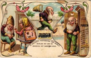 Az új ideális hashajtó Purgo törpés litho reklámlap / Purgen is een voortreffelyk, smakelyk, laxeermiddel, werktzeker, zacht en betrouwbaar / Purgen laxative advertisement with dwarves, toilet humour. Art Nouveau, litho (lyuk / pinhole)