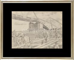 Gábor J. jelzéssel: Hídépítők. Ceruza, papír. Üvegezett fakeretben. 29,5x39,5 cm