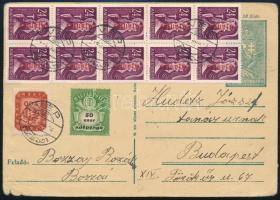 1946 (18. díjszabás) Díjjegyes levelezőlap 11 bélyeges kiegészítéssel (az 50 ezer AP később került rá) / PS-card with additional franking "VÉP"