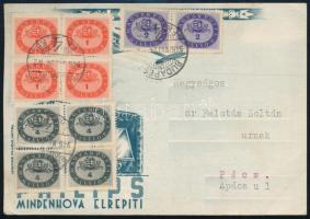 1946 (16. díjszabás) Levelezőlap 24 millió P bérmentesítéssel Budapestről Pécsre / Postcard with 10 stamps