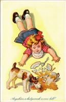 Anyukám a kutyusnak is enni kell! / Children art postcard, humour, dog