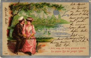 1900 Ach wenn sie ewig grünend bliebe, Die schöne Zeit der jungen Liebe / Lady art postcard, couple in love. silver, litho (fa)