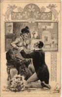 1904 Lady art postcard, couple in love. Art Nouveau, floral with clovers and pigs (EK)