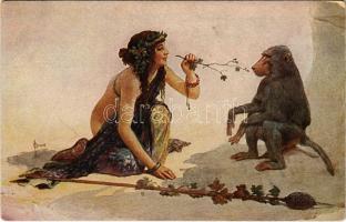 Neckerei / Teasing Lady with monkey. T.S.N. R.M. No. 312. s: S. Solomko (r)