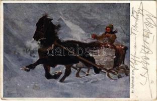 1917 Sanna / Polish art postcard, horse-drawn sled s: Fr. Zajchowski (EK)