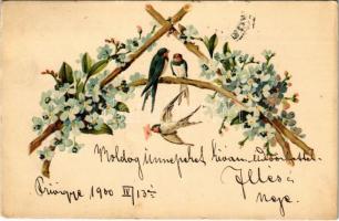 1900 Art Nouveau, floral, litho greeting card with birds (EK)
