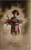 1913 Húsvéti üdvözlet / Easter greeting art postcard, girl with eggs (fa)