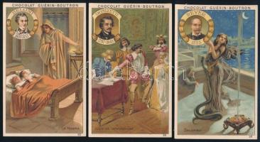 cca 1890-1910 Chocolat Guérin-Boutron 3 db különféle színes litho gyűjtőkártya, szép állapotban, 10,5x6,5 cm