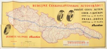 cca 1930 Csehszlovákia autós térképe. Bata reklámmal. Kis szakadással. 100x47 cm