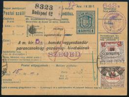 1923 Csomagszállító 12 db Hivatalos bélyeggel kiegészítve Budapestről Szegedre / Parcel card with 12 Official stamps