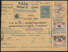 1923 Csomagszállító 12 db Hivatalos bélyeggel kiegészítve Budapestről Szegedre / Parcel card with 12...