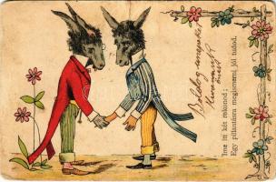 1901 Íme itt két rokonod: egy pillantásra megismerni jól tudod. Humoros litho képeslap szamarakkal / Donkeys, humour. Floral, litho (r)