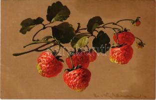 Still life art postcard with strawberries. Meissner & Buch Künstler-Postkarten Serie 1895. Gouache "Fruchtzweige" litho s: C. Klein (fl)