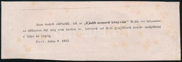 1853 Újabb Nemzeti Könyvtár előfizetési nyugtája 19x6 cm