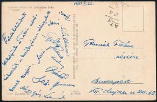 1955 A magyar kerékpáros válogatott tagjai által aláírt képeslap / Autograph signed postcard of the Hungarian Bycicle team