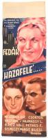 Hazafelé. Moziplakát (filmplakát, rácsplakát), 1940. Fedák Sári, Csortos Varszary, Bilicsi szereplésével. . Litográfia, papír. Kellner Márkus grafikája, jelzett a litográfián. Bp. Délibáb film. Oldalán beszakadásokkal. . 95×33 cm. / Vintage rare Hungarian poster lithograph on paper, with damages