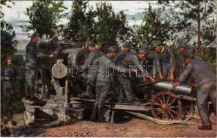 Weltkrieg 1914-1915. 30,5 cm Mörser. Zuführen des Geschosses. Kilophot 2250. / WWI Austro-Hungarian K.u.K. military, preparing to fire a mortar cannon / Osztrák-magyar katonai 30,5 cm-es mozsár, a löveg bevezetése