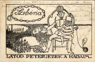 1914 Látod Péter (Atyuska kedvence), ezek a hadaim: Szibéria. I. Péter szerb király és Miklós orosz cár, humoros karikatúra, szerbellenes propaganda / WWI Anti-Serbian mocking propaganda, military caricature of Peter I of Serbia and Nicholas II of Russia (EK)