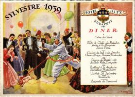 Sylvestre 1939. Hotel Ritz Dunapalota szálloda szilveszteri étlapja és reklámja / Hotel's New Year's Eve dinner menu, advertisement s: Biczó