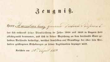 1850 Kassa városának és a katonai parancsnokságnak az igazolása Kray Mátyás részére, hogy a forradal...
