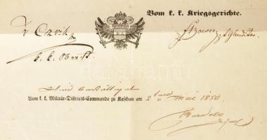 1850 Kassa városának és a katonai parancsnokságnak az igazolása Kray Mátyás részére, hogy a forradal...