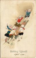 1925 Boldog Újévet! Szánkózó gyerekek / New Year greeting, sledding. S.B. 3284. litho (EK)