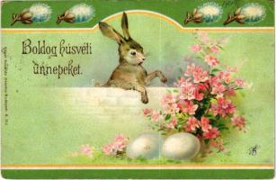 1901 Boldog húsvéti ünnepeket! nyuszi tojásokkal / Art Nouveau Easter greeting, rabbot and eggs. litho (EK)