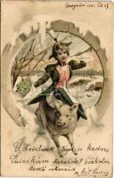 1902 Szecessziós úévi üdvözlet malacon lovagló hölggyel / New Year greeting, lady riding on a pig. Art Nouveau litho s: Hegedűs Geiger R. (EK)