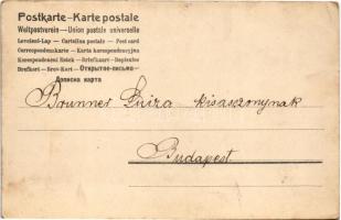 1902 Szecessziós úévi üdvözlet malacon lovagló hölggyel / New Year greeting, lady riding on a pig. A...