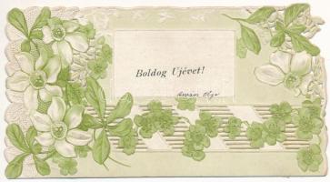 1904 Boldog újévet! Csipke hatású virágos dombornyomott litho üdvözlő képeslap / New Year. Lace style embossed floral litho greeting art postcard (kis szakadás / small tear)