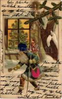 1902 Karácsony és mikulás. Dombornyomott litho üdvözlet selyem rátéttel / Christmas with Saint Nicholas. Embossed litho greeting silk card (EK)