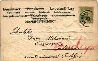 1902 Karácsony és mikulás. Dombornyomott litho üdvözlet selyem rátéttel / Christmas with Saint Nicho...